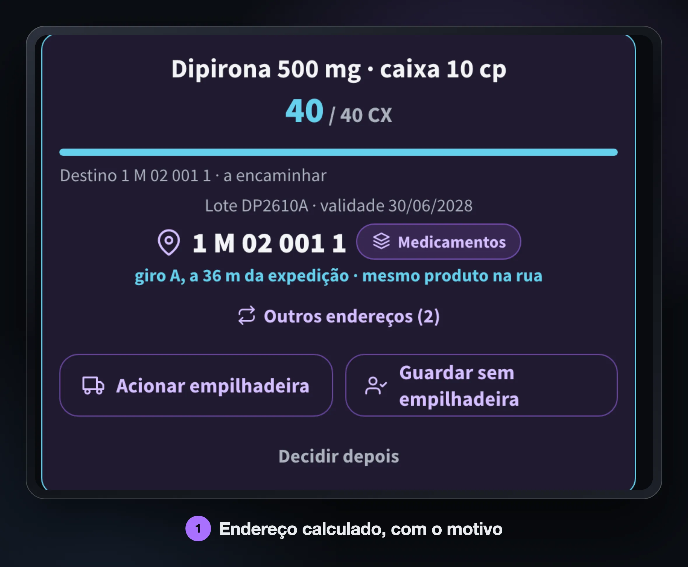 Tela do Solumobi Estoque no tablet: o item conferido com o endereço calculado, a zona Medicamentos e o motivo — giro A, a 36 m da expedição, mesmo produto na rua.