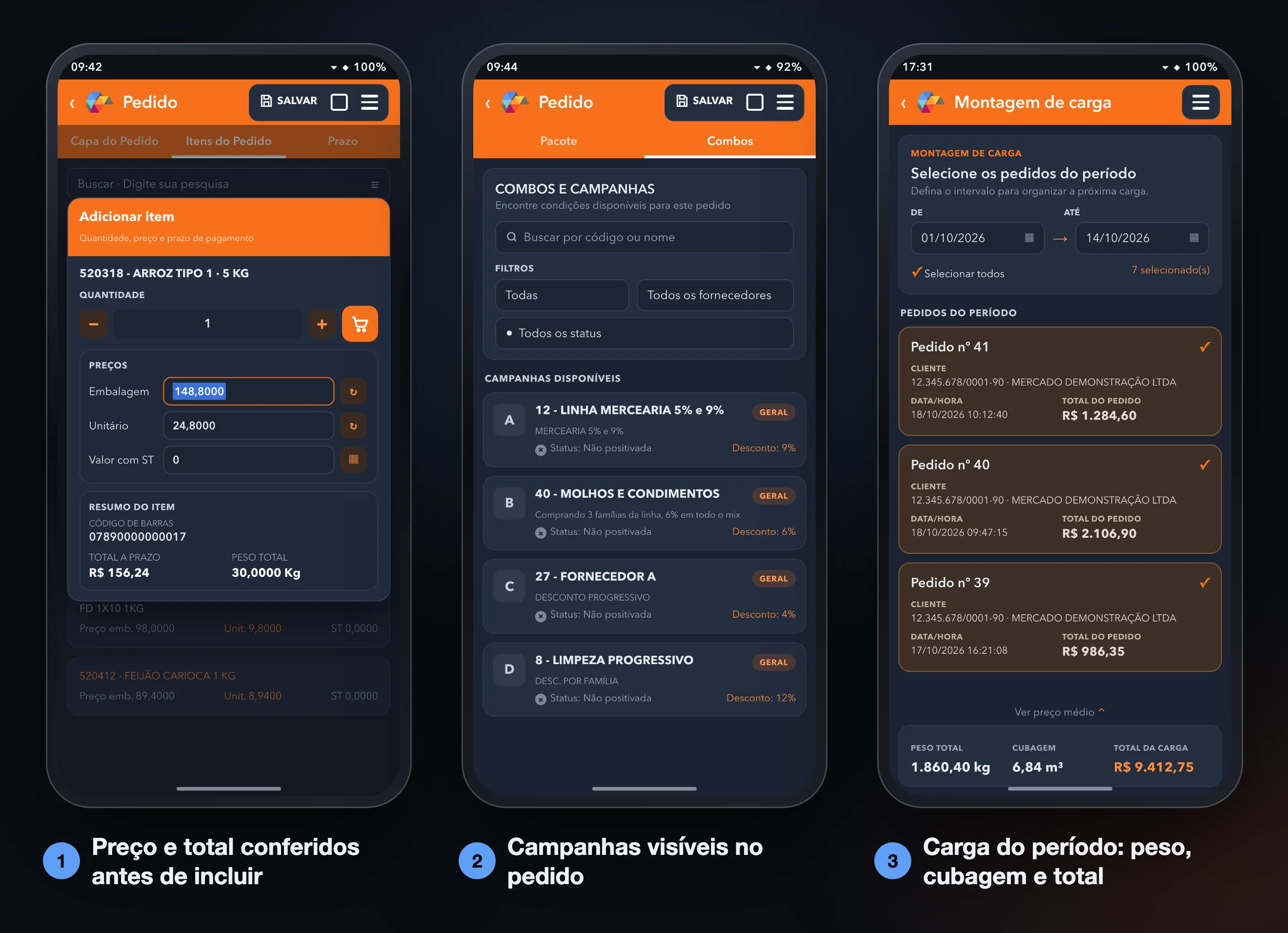 Três telas do app Solumobi Vendas, recriadas a partir das capturas reais: inclusão de item com preço, quantidade e total; combos e campanhas disponíveis no pedido; e montagem de carga com os pedidos do período, peso total, cubagem e total da carga.
