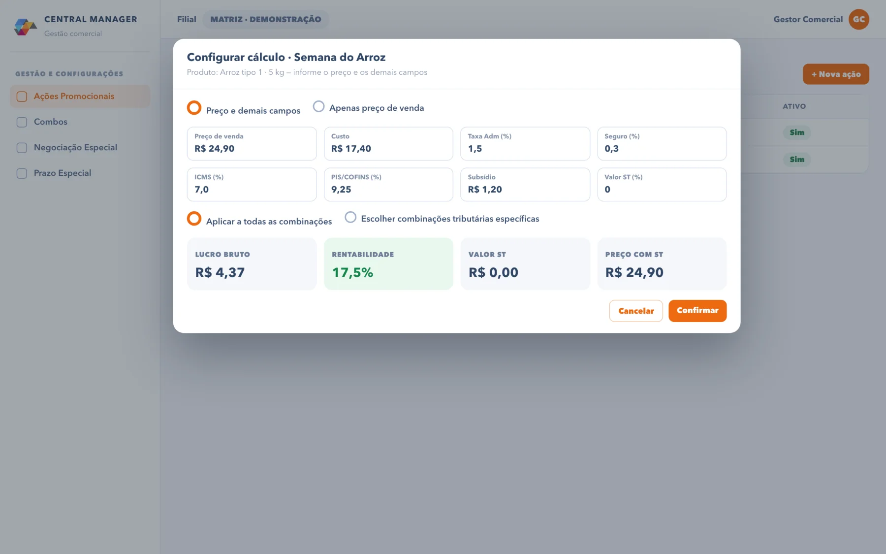 Central Manager — Ações promocionais: Promoção com a margem calculada antes.