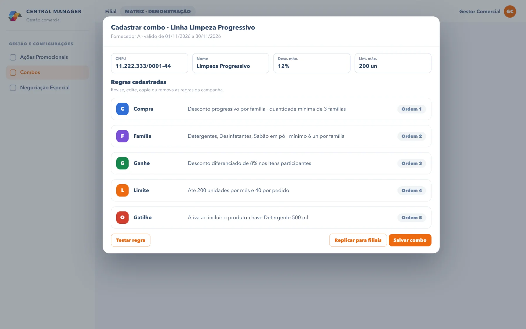 Central Manager — Combos e campanhas: Mecânicas de campanha sem programação.