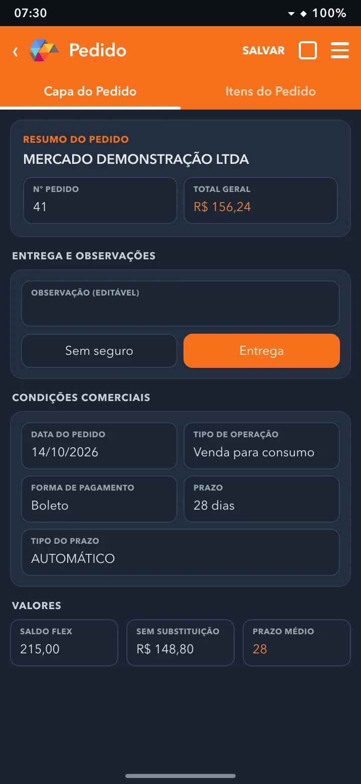 Pedido: A capa do pedido já traz a condição certa.