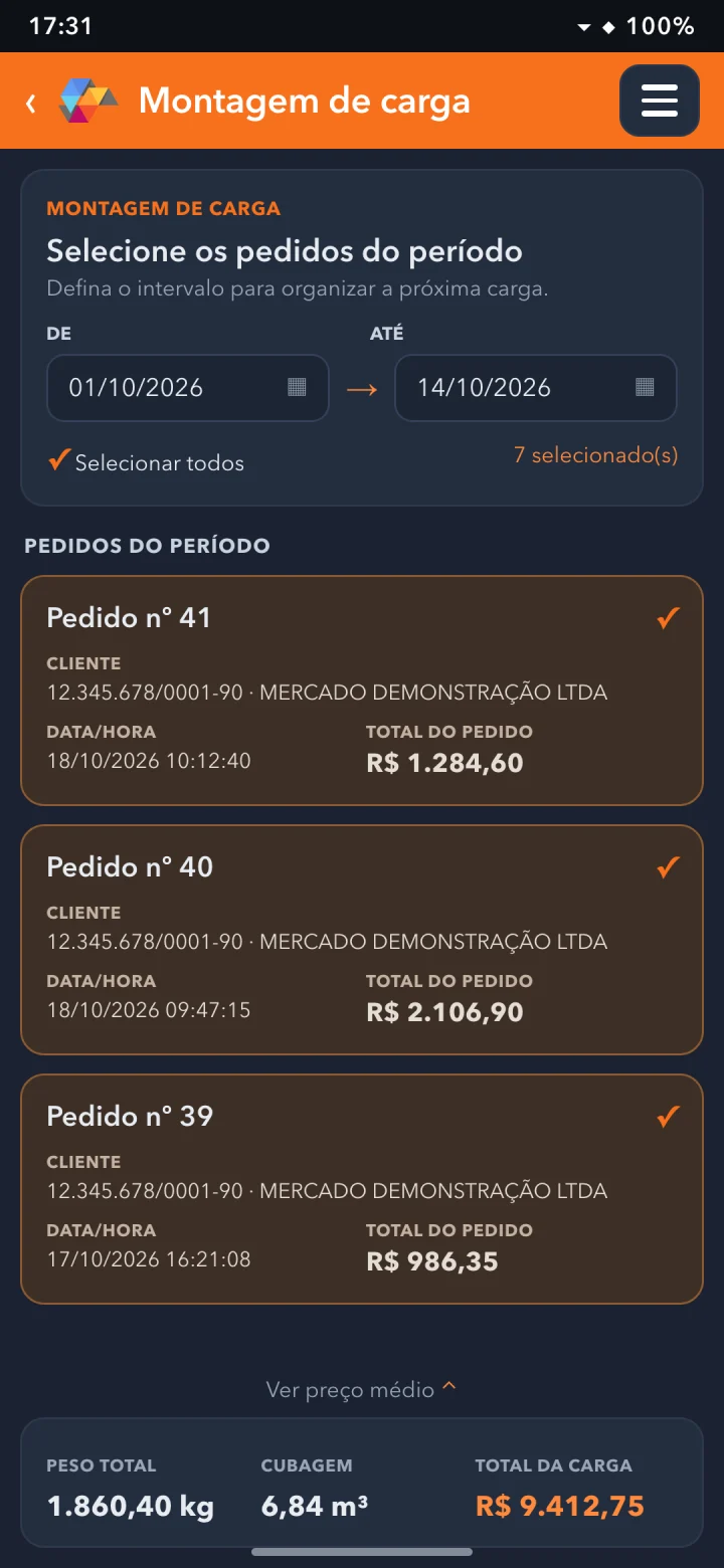 Fim do dia: A carga do período, com peso, cubagem e total.