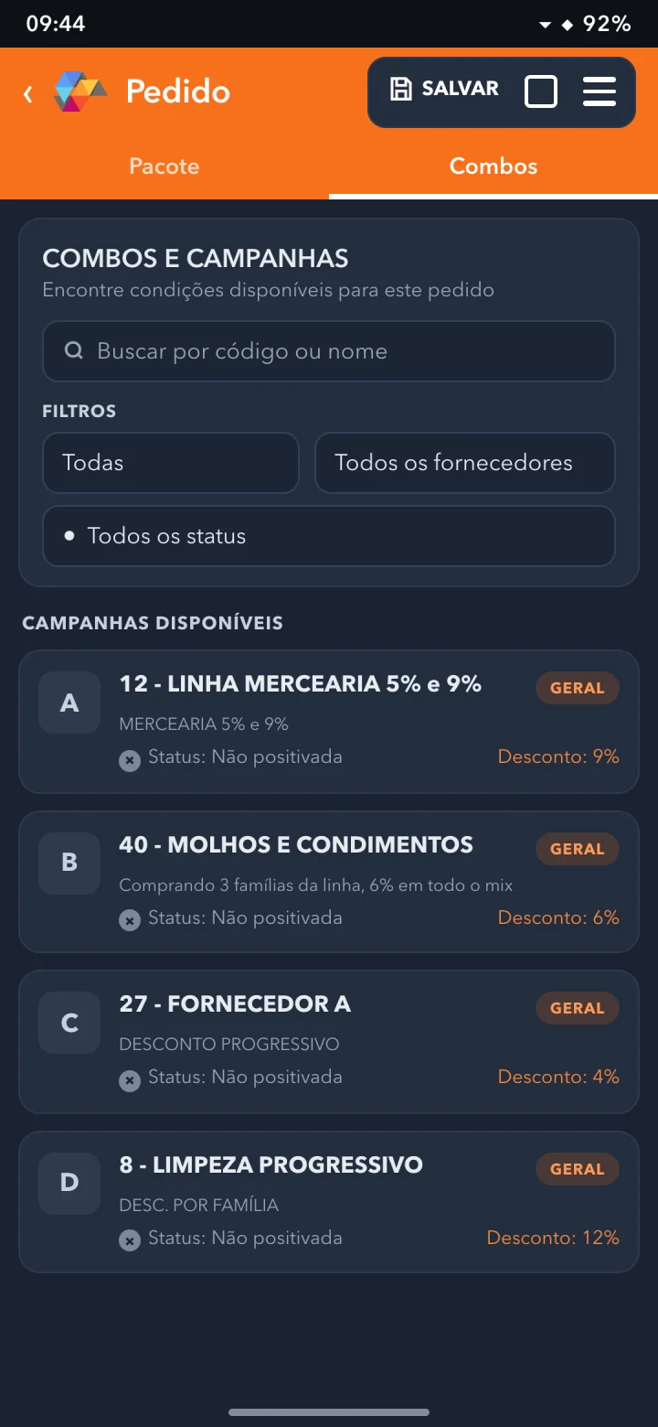 Combos e campanhas disponíveis no pedido, com o desconto de cada uma.