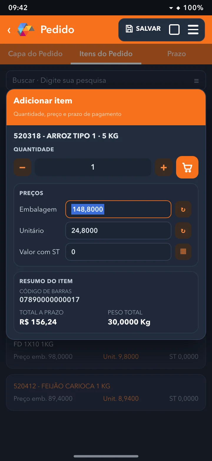 Inclusão de item com embalagem, unitário, valor com ST, total a prazo e peso total.