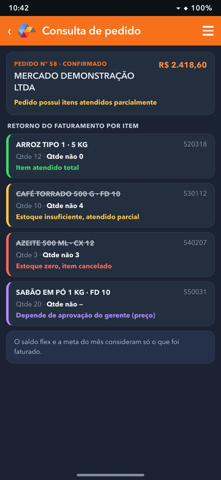Consulta de pedido com o retorno do faturamento por item: atendido total, atendido parcial, cancelado por estoque zero e dependente de aprovação do gerente.